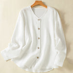 Buddha Stones Spring Plain Buttons Design V-Neck Long Sleeve Women's Shirt