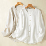 Buddha Stones Spring Plain Buttons Design V-Neck Long Sleeve Women's Shirt