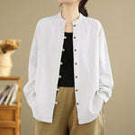Buddha Stones Solid Color Front Buttons Design Long Sleeve Women's Cotton Linen Shirt