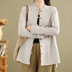 Buddha Stones Solid Color Front Buttons Design Long Sleeve Women's Cotton Linen Shirt