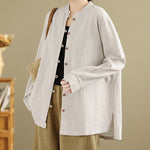 Buddha Stones Solid Color Front Buttons Design Long Sleeve Women's Cotton Linen Shirt