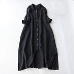 Buddha Stones Buttons Design Lapel Three Quarter Sleeve Midi Dress With Pockets