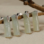 Buddha Stones Bamboo Hetian Jade 925 Sterling Silver Leaf Wealth Earrings