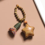 Buddha Stones Natural Green Sandalwood Colored Rope Tassels Star Moon Abundance Key Chain
