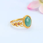 Buddha Stones Natural 925 Sterling Silver Plated Gold Hollow Design Jade Luck Ring