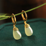 Buddha Stones Green Chalcedony Water Drop Strength Copper Posts Earrings