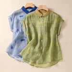Buddha Stones Small Yellow Flower Leaves Buttons Short Sleeve Women's Shirt