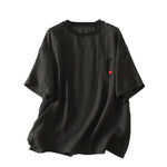 Buddha Stones Casual Embroidery Red Heart Short Sleeve Women's Cotton Linen T-Shirt