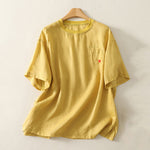 Buddha Stones Casual Embroidery Red Heart Short Sleeve Women's Cotton Linen T-Shirt