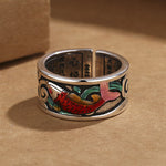 Buddha Stones Blue Enamel Koi Fish Heart Sutra Success Ring