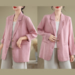 Buddha Stones Spring Solid Color Long Sleeve Cotton Linen Women's Jacket With Pockets