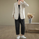 Buddha Stones Spring Solid Color Long Sleeve Cotton Linen Women's Jacket With Pockets