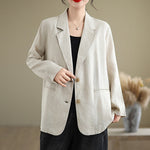 Buddha Stones Spring Solid Color Long Sleeve Cotton Linen Women's Jacket With Pockets
