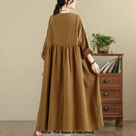 Buddha Stones Commute Pure Color Long Sleeve Cotton Linen Midi Dress With Pockets