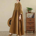 Buddha Stones Commute Pure Color Long Sleeve Cotton Linen Midi Dress With Pockets