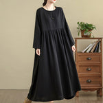 Buddha Stones Commute Pure Color Long Sleeve Cotton Linen Midi Dress With Pockets