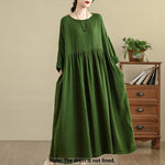 Buddha Stones Commute Pure Color Long Sleeve Cotton Linen Midi Dress With Pockets