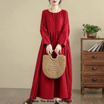 Buddha Stones Commute Pure Color Long Sleeve Cotton Linen Midi Dress With Pockets