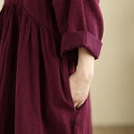 Buddha Stones Commute Pure Color Long Sleeve Cotton Linen Midi Dress With Pockets