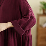 Buddha Stones Commute Pure Color Long Sleeve Cotton Linen Midi Dress With Pockets