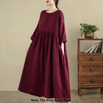 Buddha Stones Commute Pure Color Long Sleeve Cotton Linen Midi Dress With Pockets