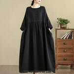Buddha Stones Commute Pure Color Long Sleeve Cotton Linen Midi Dress With Pockets