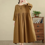 Buddha Stones Commute Pure Color Long Sleeve Cotton Linen Midi Dress With Pockets