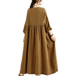 Buddha Stones Commute Pure Color Long Sleeve Cotton Linen Midi Dress With Pockets
