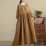 Buddha Stones Commute Pure Color Long Sleeve Cotton Linen Midi Dress With Pockets
