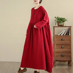 Buddha Stones Commute Pure Color Long Sleeve Cotton Linen Midi Dress With Pockets