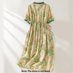 Buddha Stones Printing Buttons Drawstring High Waist Short Sleeve Midi Dress With Pockets