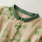 Buddha Stones Printing Buttons Drawstring High Waist Short Sleeve Midi Dress With Pockets