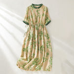 Buddha Stones Printing Buttons Drawstring High Waist Short Sleeve Midi Dress With Pockets