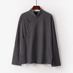 Buddha Stones Vintage Plain Chinese Frog-Button Cotton Long Sleeve Men's Shirt