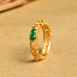 Buddha Stones Vintage Gourd Green Chalcedony Copper Alloy Wealth Ring