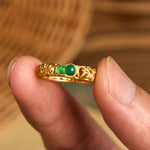 Buddha Stones Vintage Gourd Green Chalcedony Copper Alloy Wealth Ring