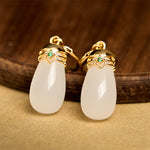 Buddha Stones Green Chalcedony Water Drop Strength Copper Posts Earrings
