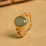 Buddha Stones Natural 925 Sterling Silver Plated Gold Hollow Design Jade Luck Ring