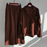 Buddha Stones 2Pcs Long Sleeve Shirt Top With Pockets Drawstring Pants Meditation Cotton Clothing Women's Set