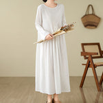 Buddha Stones Plain Jacquard Flower Irregular Long Sleeve Cotton Linen Midi Dress With Pockets