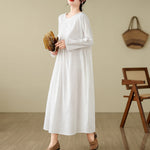 Buddha Stones Plain Jacquard Flower Irregular Long Sleeve Cotton Linen Midi Dress With Pockets