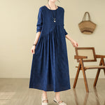 Buddha Stones Plain Jacquard Flower Irregular Long Sleeve Cotton Linen Midi Dress With Pockets