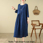 Buddha Stones Plain Jacquard Flower Irregular Long Sleeve Cotton Linen Midi Dress With Pockets