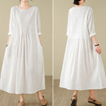 Buddha Stones Plain Jacquard Flower Irregular Long Sleeve Cotton Linen Midi Dress With Pockets