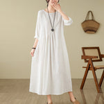 Buddha Stones Plain Jacquard Flower Irregular Long Sleeve Cotton Linen Midi Dress With Pockets