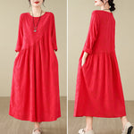 Buddha Stones Plain Jacquard Flower Irregular Long Sleeve Cotton Linen Midi Dress With Pockets