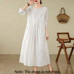 Buddha Stones Plain Jacquard Flower Irregular Long Sleeve Cotton Linen Midi Dress With Pockets