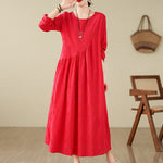 Buddha Stones Plain Jacquard Flower Irregular Long Sleeve Cotton Linen Midi Dress With Pockets