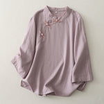 Buddha Stones Plain Slanted Buttons Cotton Linen Women's Shirt