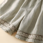 Buddha Stones Plain Color Bottom Hollow Lace Design Lace-up Cotton Women's Shorts With Pockets